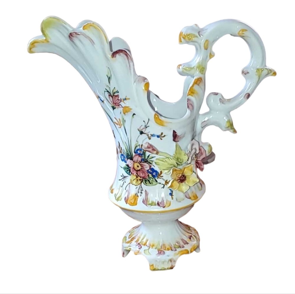 Vintage 12" Capodimonte Porcelain Pitcher Vase Rose Floral Handmade in Italy - Picture 1 of 11